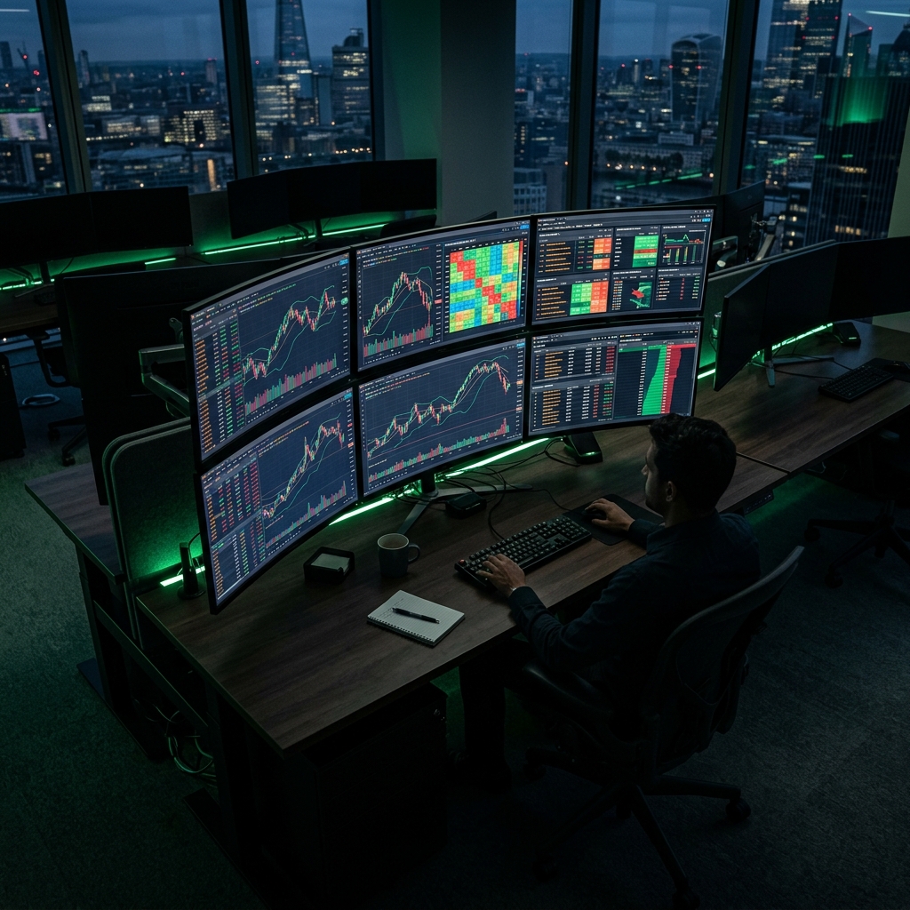 Institutional trading desk with multiple curved monitors displaying real-time market data and correlation matrices